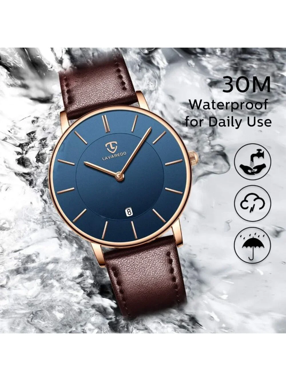 Mens Blue Brown Leather Strap Analog Minimalist Fashion Simple Round Wrist Watch